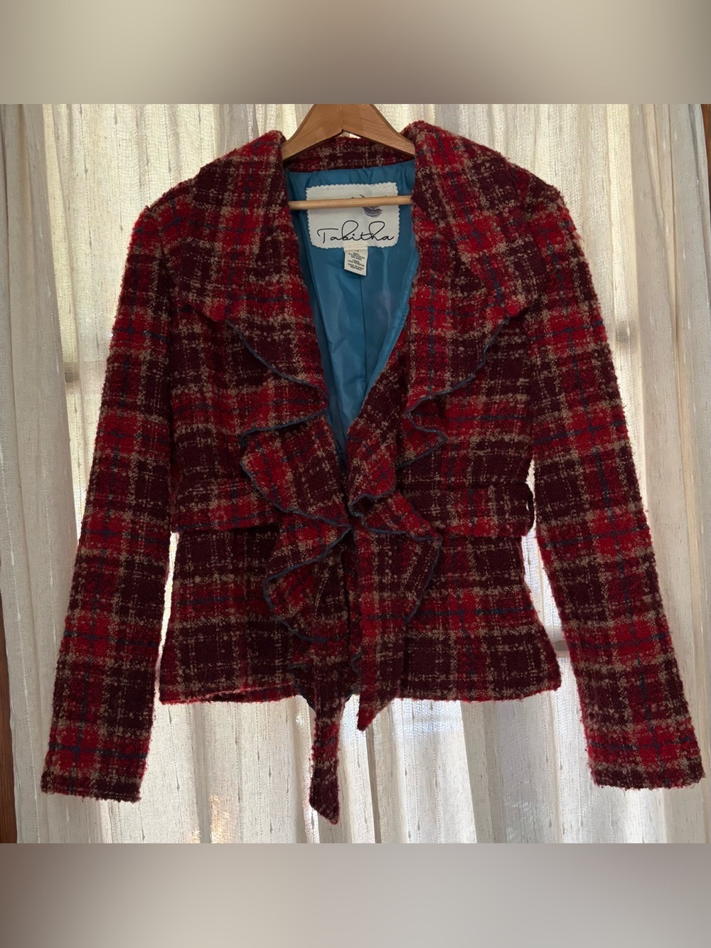 Anthropologie Tabitha Red Plaid Wool Blend Ruffle Jacket Size 12 Red Burgundy